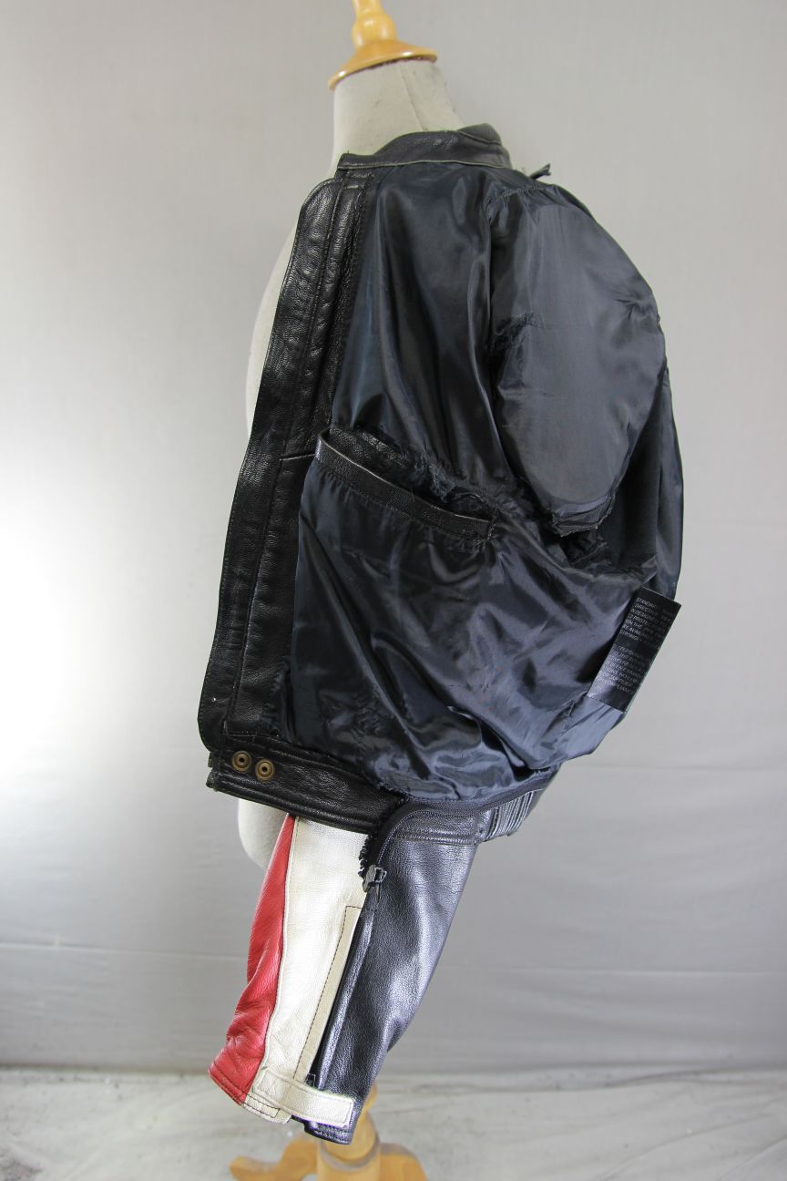 FRANK THOMAS RED, BLACK & WHITE LEATHER BIKER JACKET WITH PROTECTORS 44-46 INCH