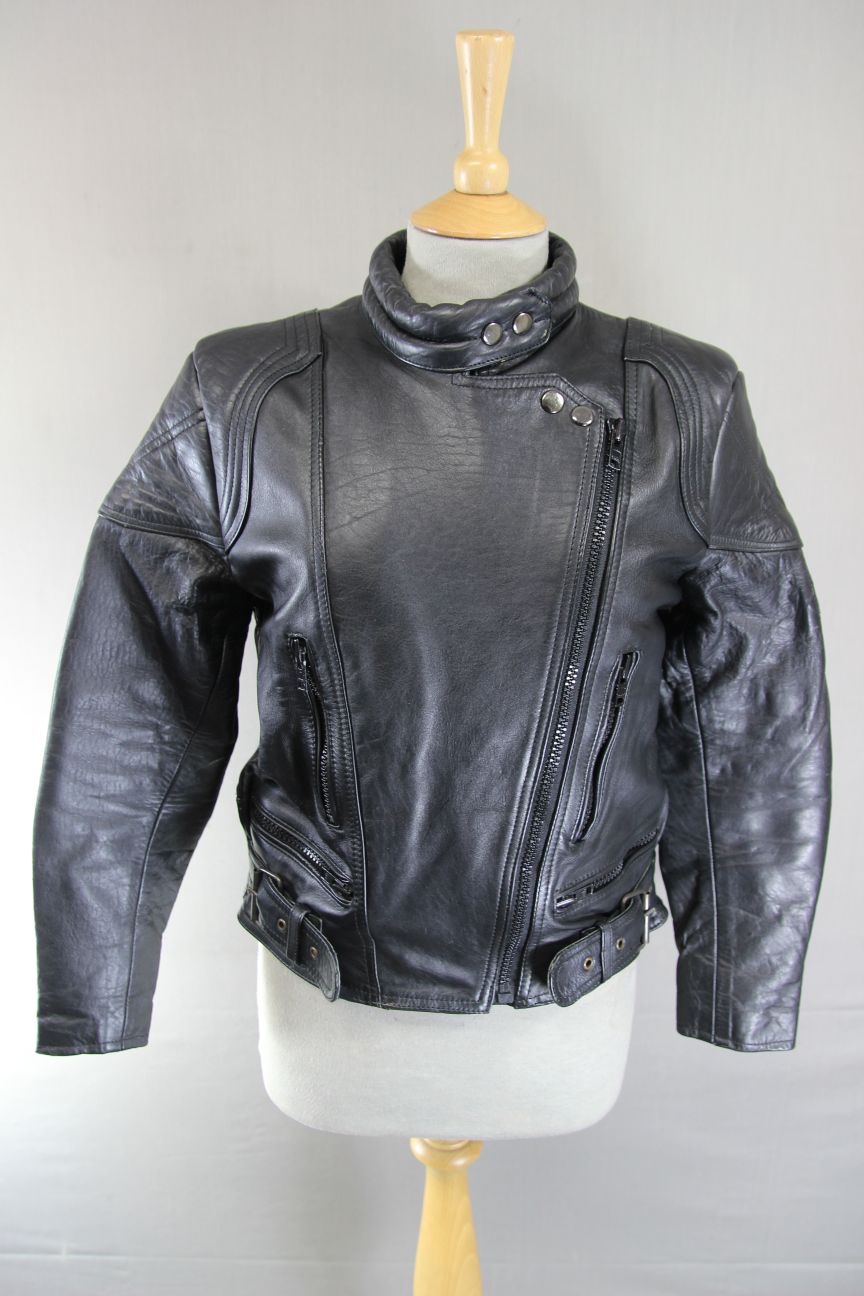LADIES CLASSIC JTS BLACK LEATHER BIKER JACKET 32-34 INCH CHEST/EXTRA SMALL