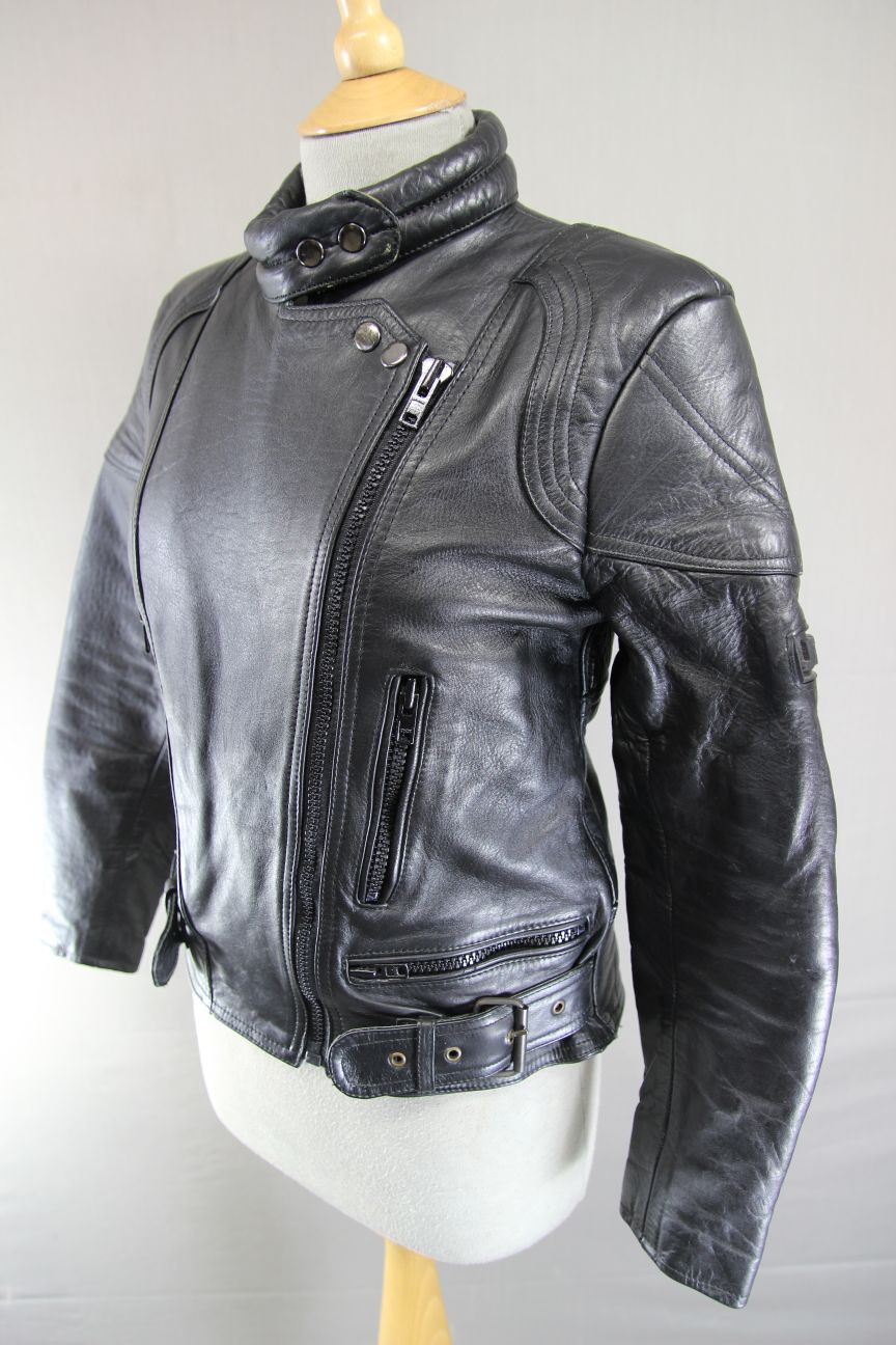 LADIES CLASSIC JTS BLACK LEATHER BIKER JACKET 32-34 INCH CHEST/EXTRA SMALL