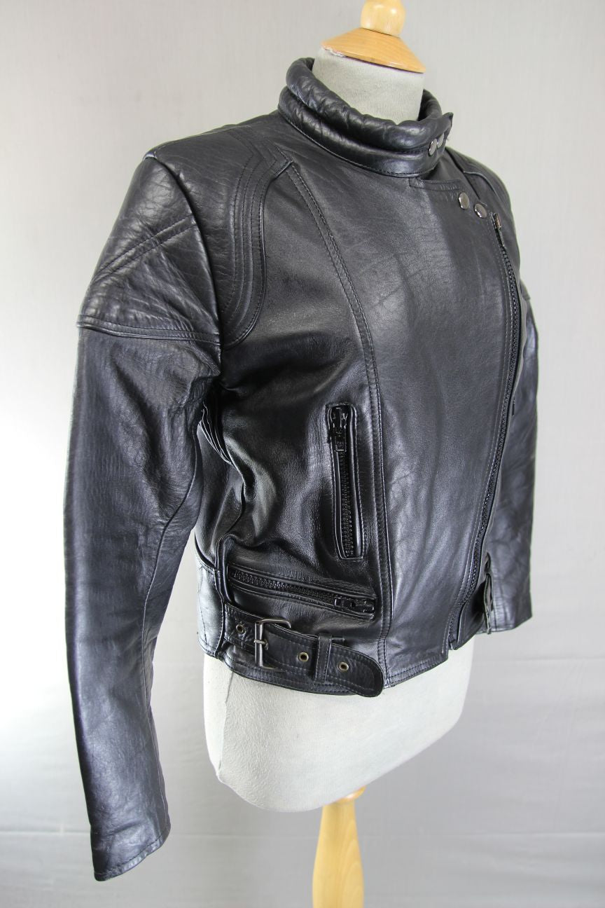 LADIES CLASSIC JTS BLACK LEATHER BIKER JACKET 32-34 INCH CHEST/EXTRA SMALL