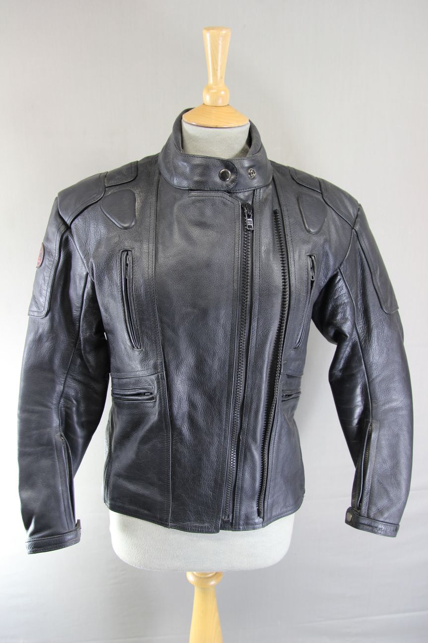 DYNAMIC LEATHER BLACK COWHIDE BIKER JACKET + SHOULDER & ELBOW CE ARMOUR: SIZE 14