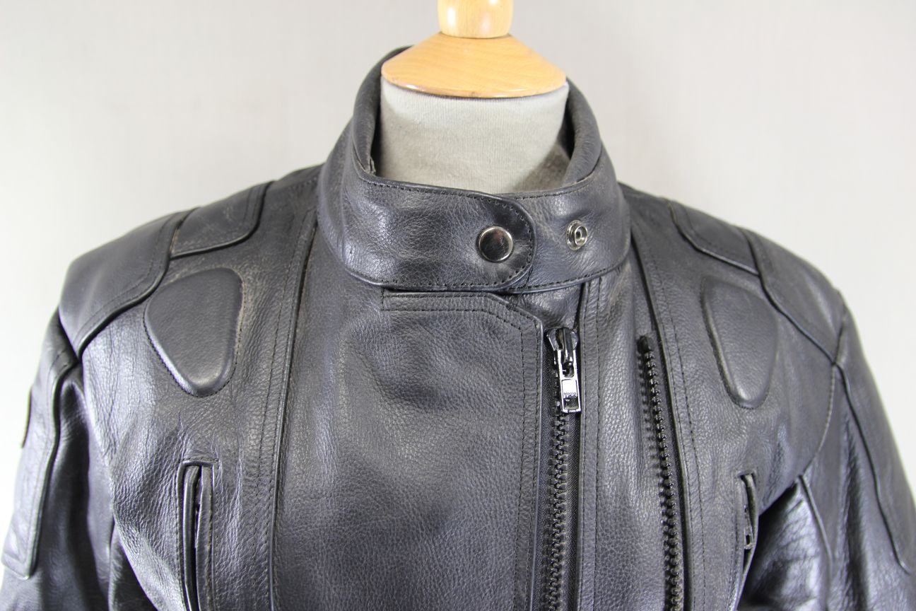 DYNAMIC LEATHER BLACK COWHIDE BIKER JACKET + SHOULDER & ELBOW CE ARMOUR: SIZE 14
