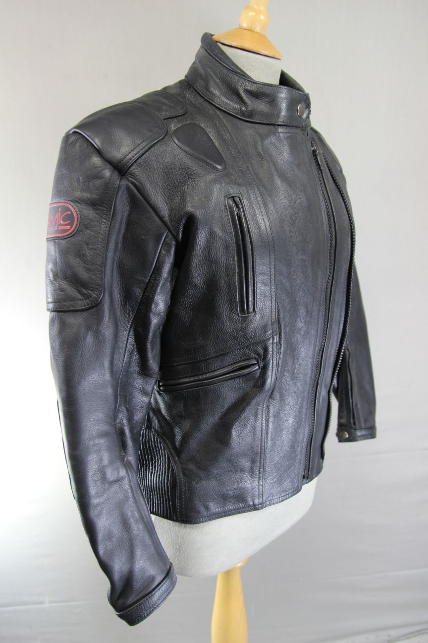 DYNAMIC LEATHER BLACK COWHIDE BIKER JACKET + SHOULDER & ELBOW CE ARMOUR: SIZE 14