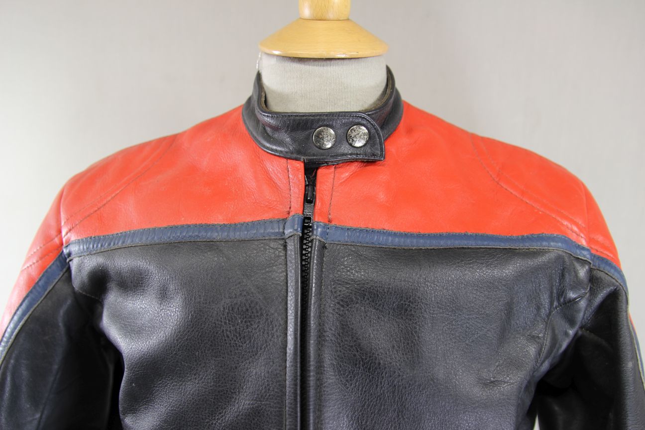 VINTAGE BLACK, RED & BLUE LEATHER BIKER JACKET 38-40 INCH CHEST/MEDIUM
