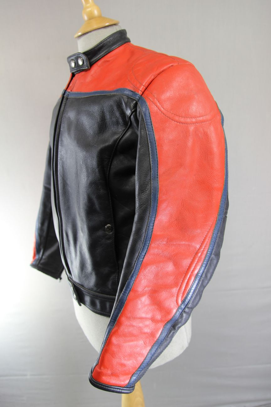 VINTAGE BLACK, RED & BLUE LEATHER BIKER JACKET 38-40 INCH CHEST/MEDIUM