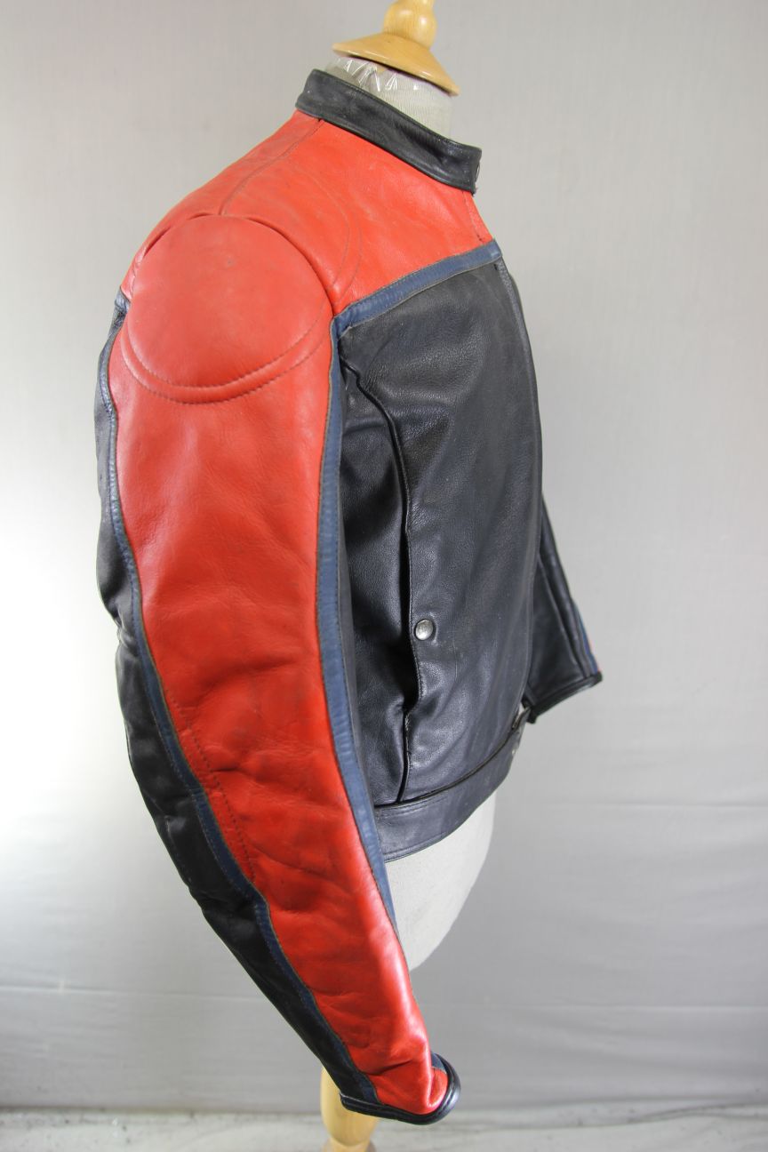 VINTAGE BLACK, RED & BLUE LEATHER BIKER JACKET 38-40 INCH CHEST/MEDIUM