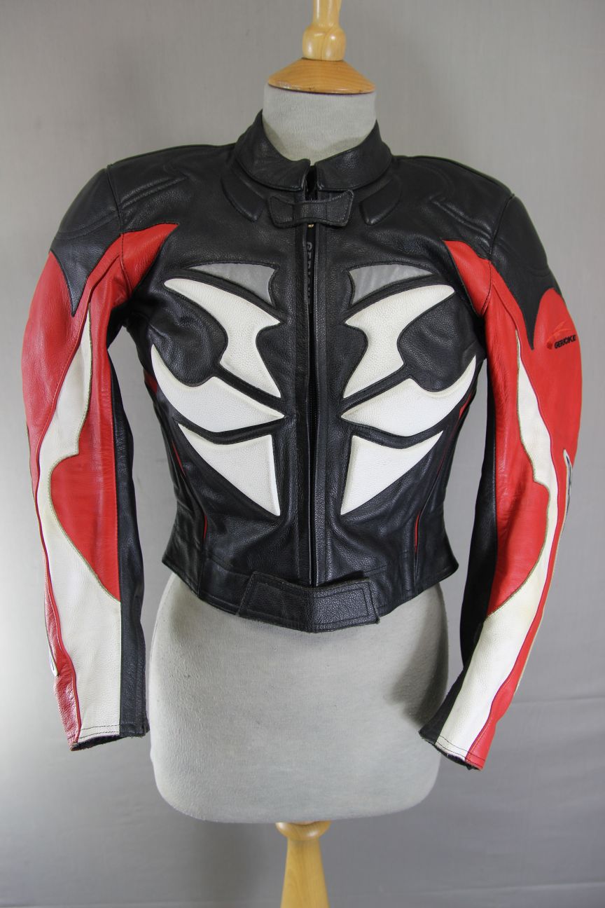 HEIN GERICKE RACETEC BLACK, RED & WHITE LEATHER BIKER JACKET + CE ARMOUR: SIZE 6