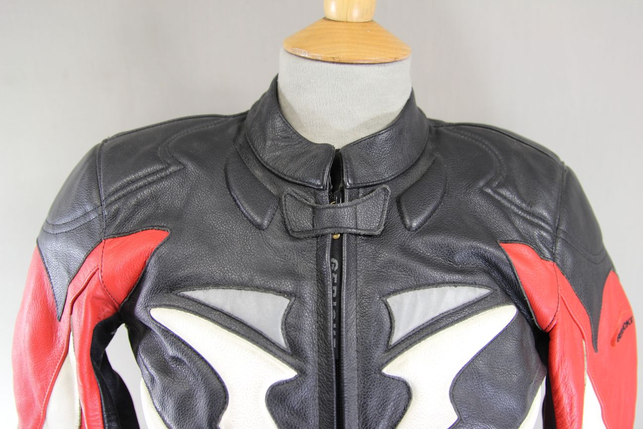 HEIN GERICKE RACETEC BLACK, RED & WHITE LEATHER BIKER JACKET + CE ARMOUR: SIZE 6