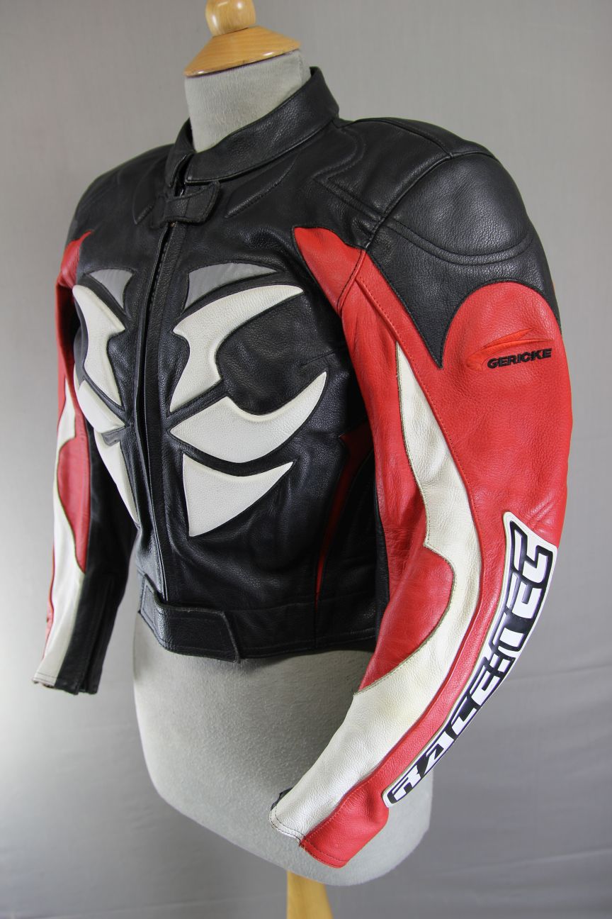 HEIN GERICKE RACETEC BLACK, RED & WHITE LEATHER BIKER JACKET + CE ARMOUR: SIZE 6