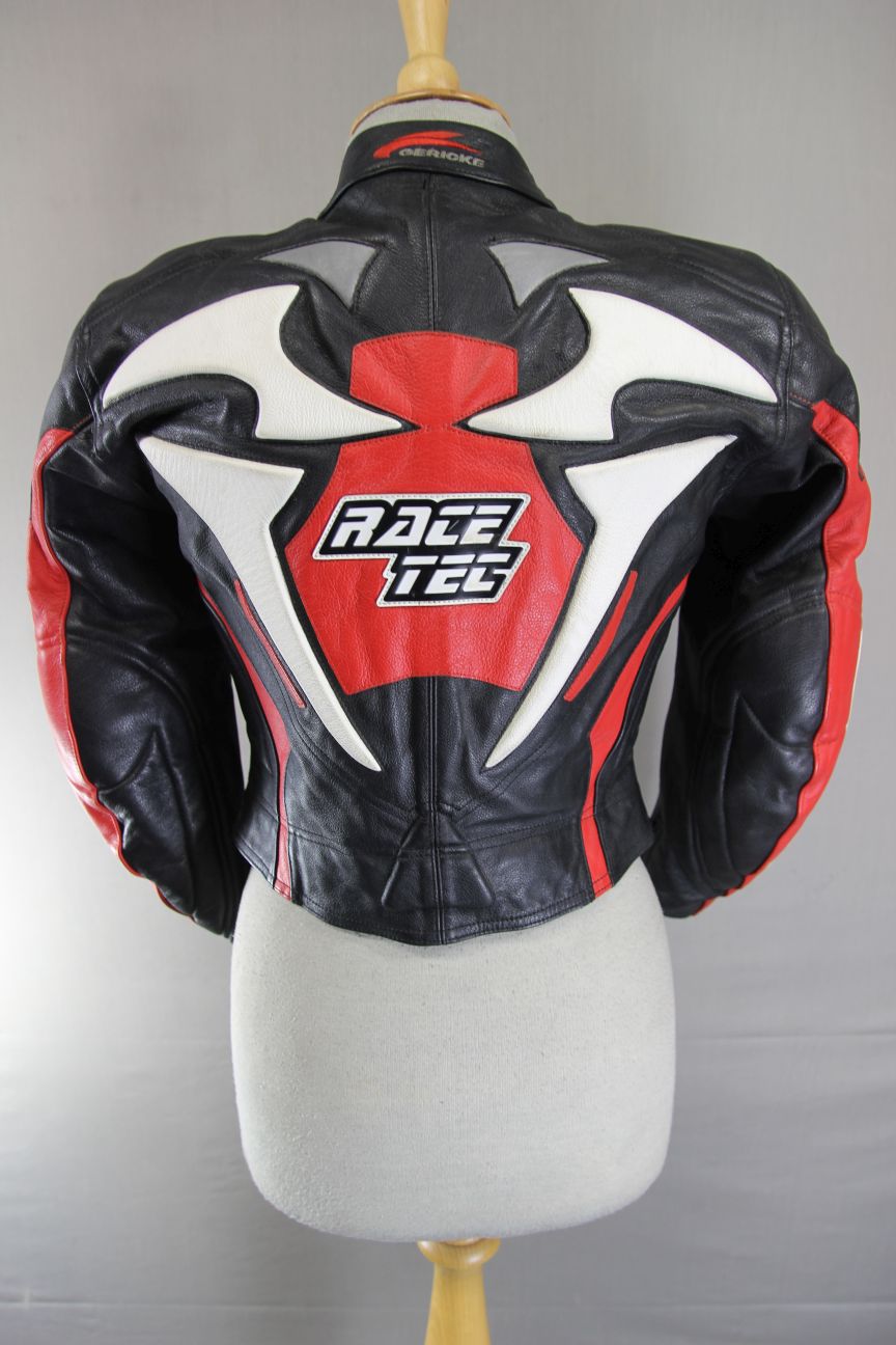 HEIN GERICKE RACETEC BLACK, RED & WHITE LEATHER BIKER JACKET + CE ARMOUR: SIZE 6