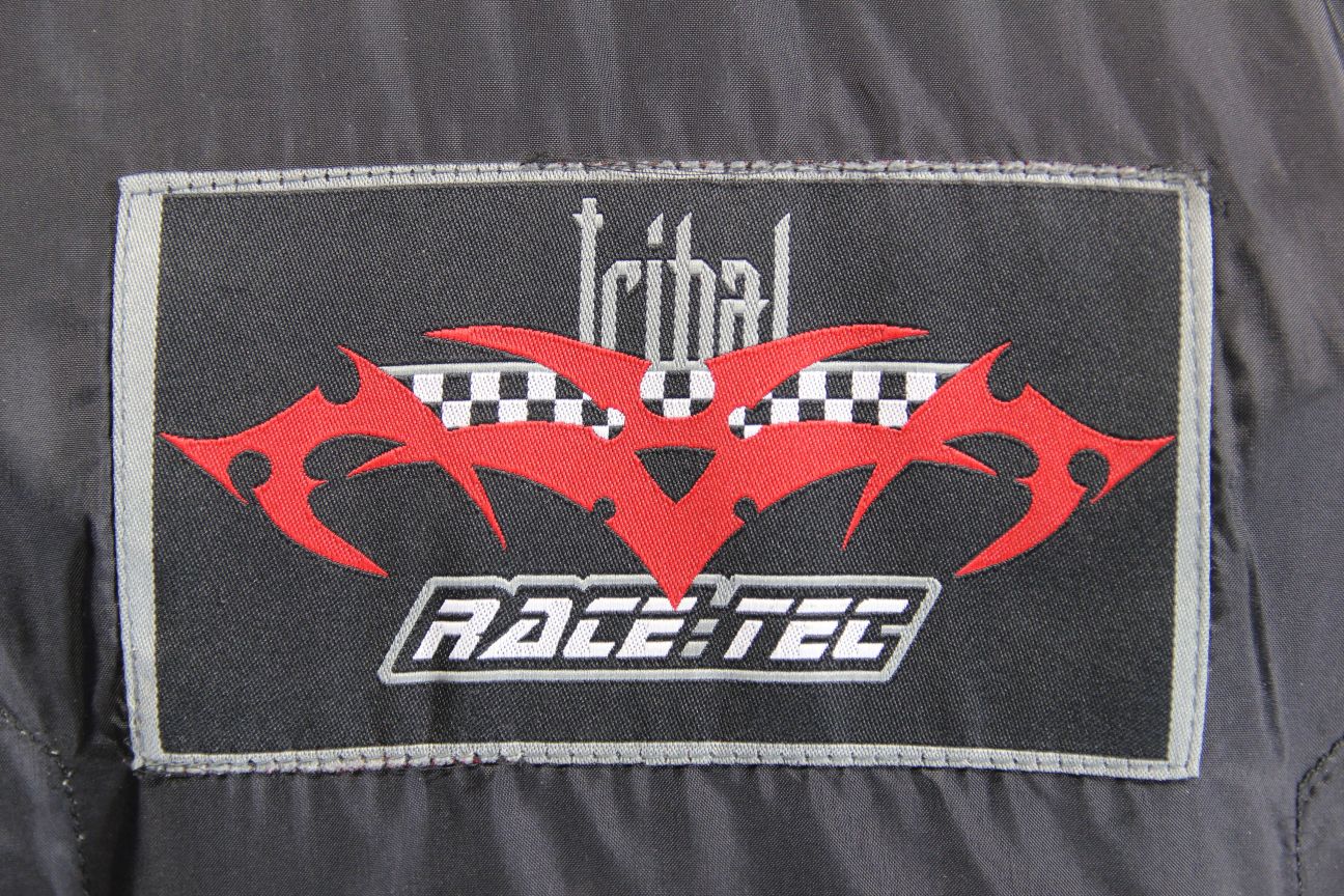 HEIN GERICKE RACETEC BLACK, RED & WHITE LEATHER BIKER JACKET + CE ARMOUR: SIZE 6