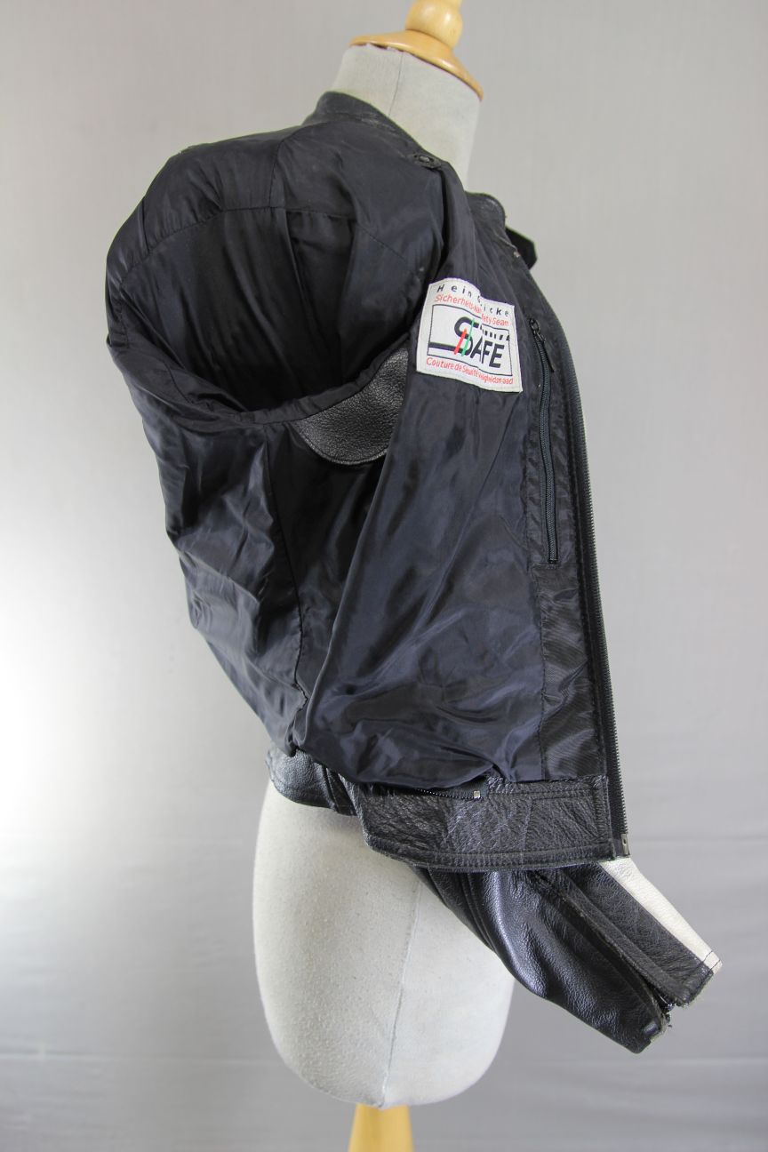 HEIN GERICKE RACETEC BLACK, RED & WHITE LEATHER BIKER JACKET + CE ARMOUR: SIZE 6