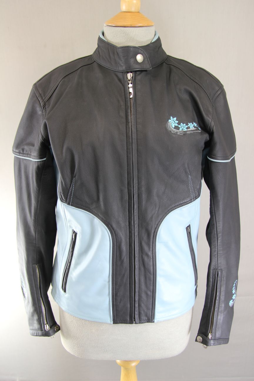 LOOKWELL LADY LINE BLACK & TURQUOISE LEATHER BIKER JACKET: SIZE 10/SMALL