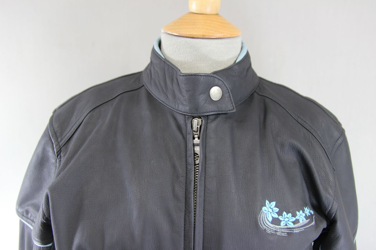 LOOKWELL LADY LINE BLACK & TURQUOISE LEATHER BIKER JACKET: SIZE 10/SMALL