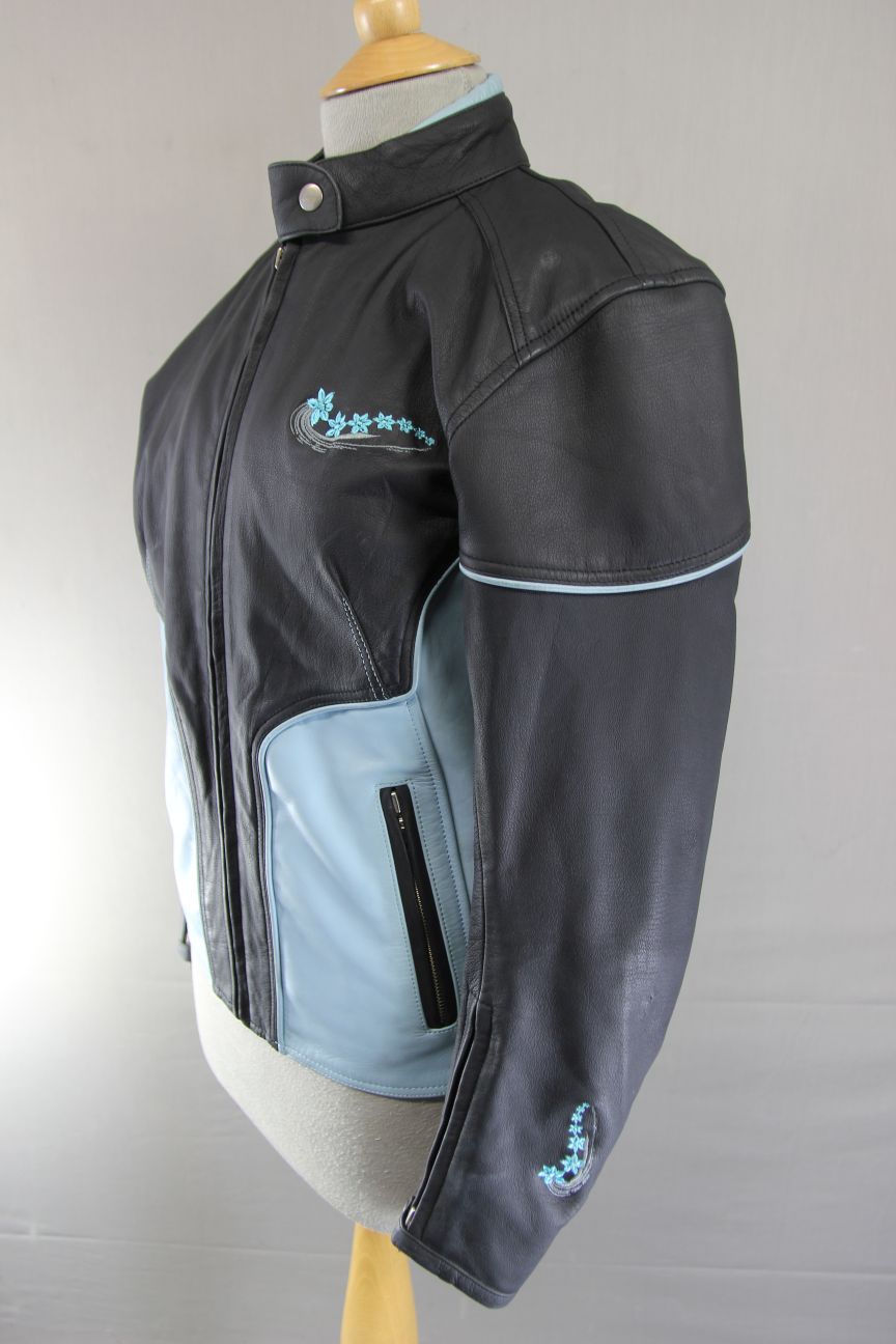 LOOKWELL LADY LINE BLACK & TURQUOISE LEATHER BIKER JACKET: SIZE 10/SMALL