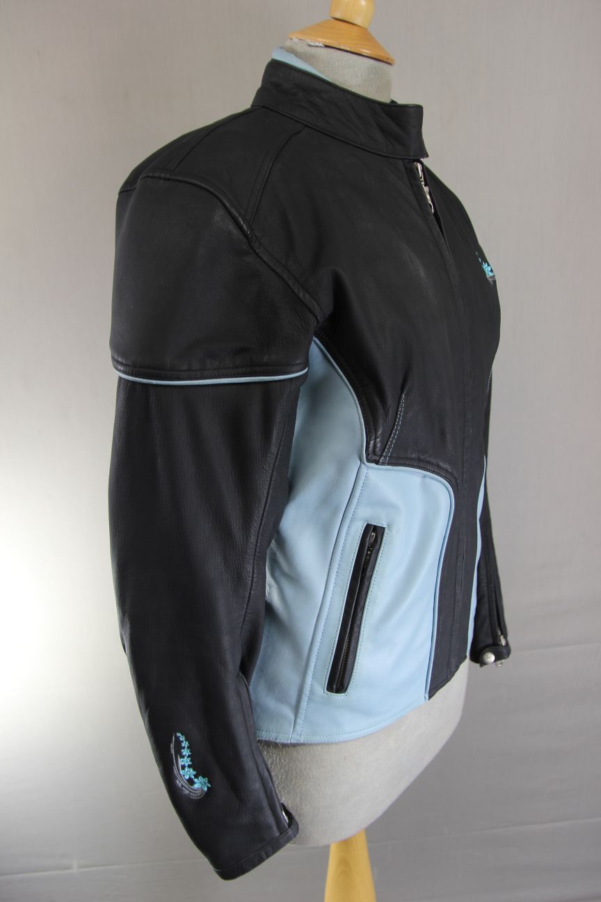 LOOKWELL LADY LINE BLACK & TURQUOISE LEATHER BIKER JACKET: SIZE 10/SMALL