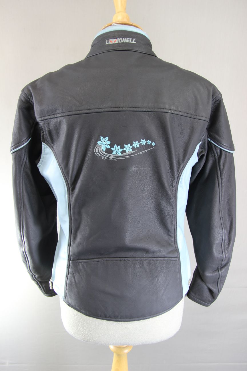LOOKWELL LADY LINE BLACK & TURQUOISE LEATHER BIKER JACKET: SIZE 10/SMALL