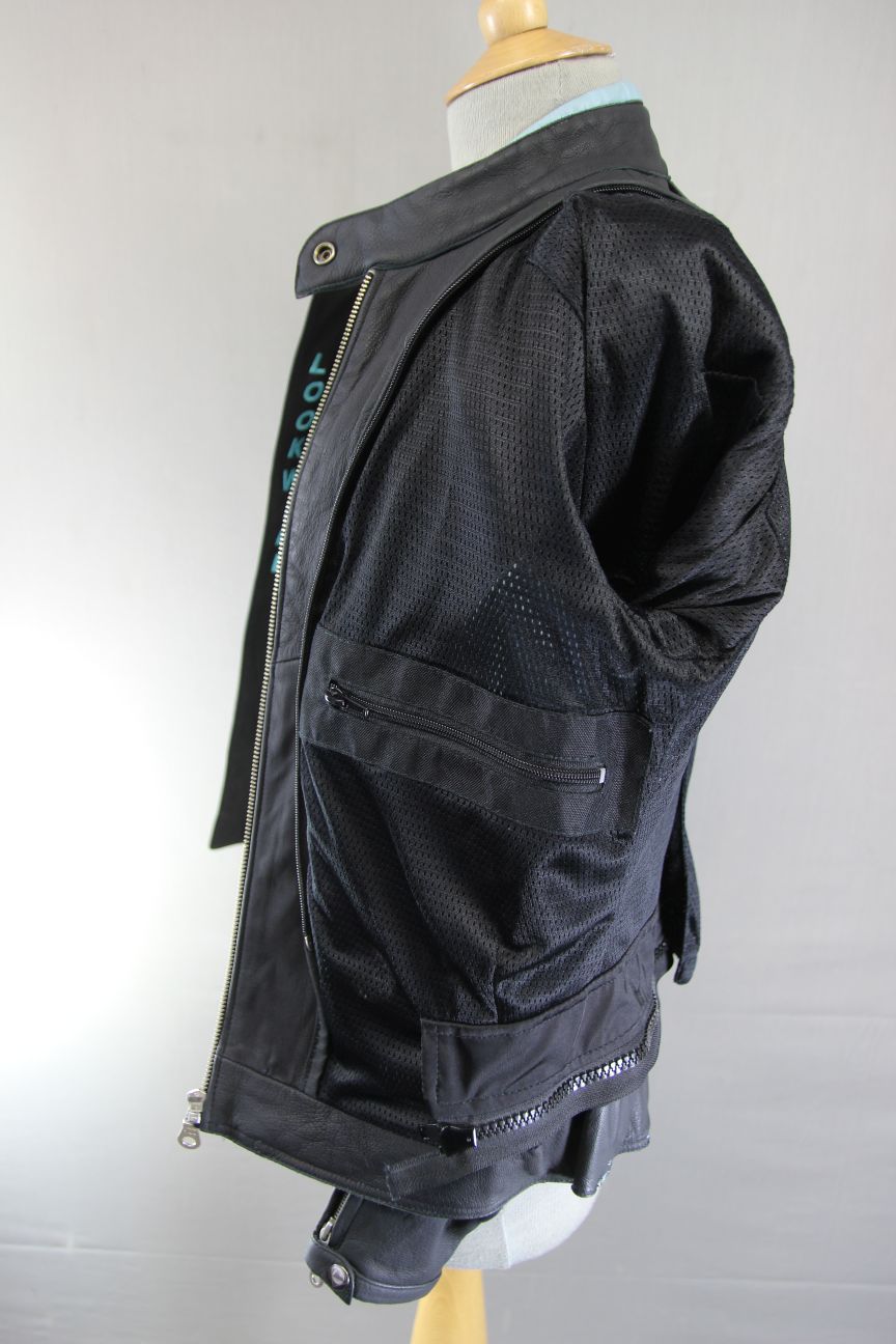 LOOKWELL LADY LINE BLACK & TURQUOISE LEATHER BIKER JACKET: SIZE 10/SMALL