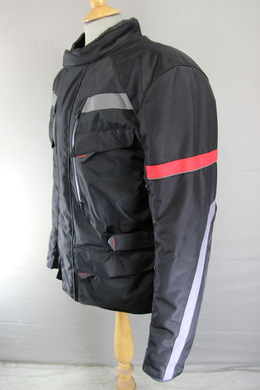 CRANE BLACK, RED & SILVER TEXTILE BIKER JACKET WITH CE ARMOUR 42-44 INCH (LARGE)