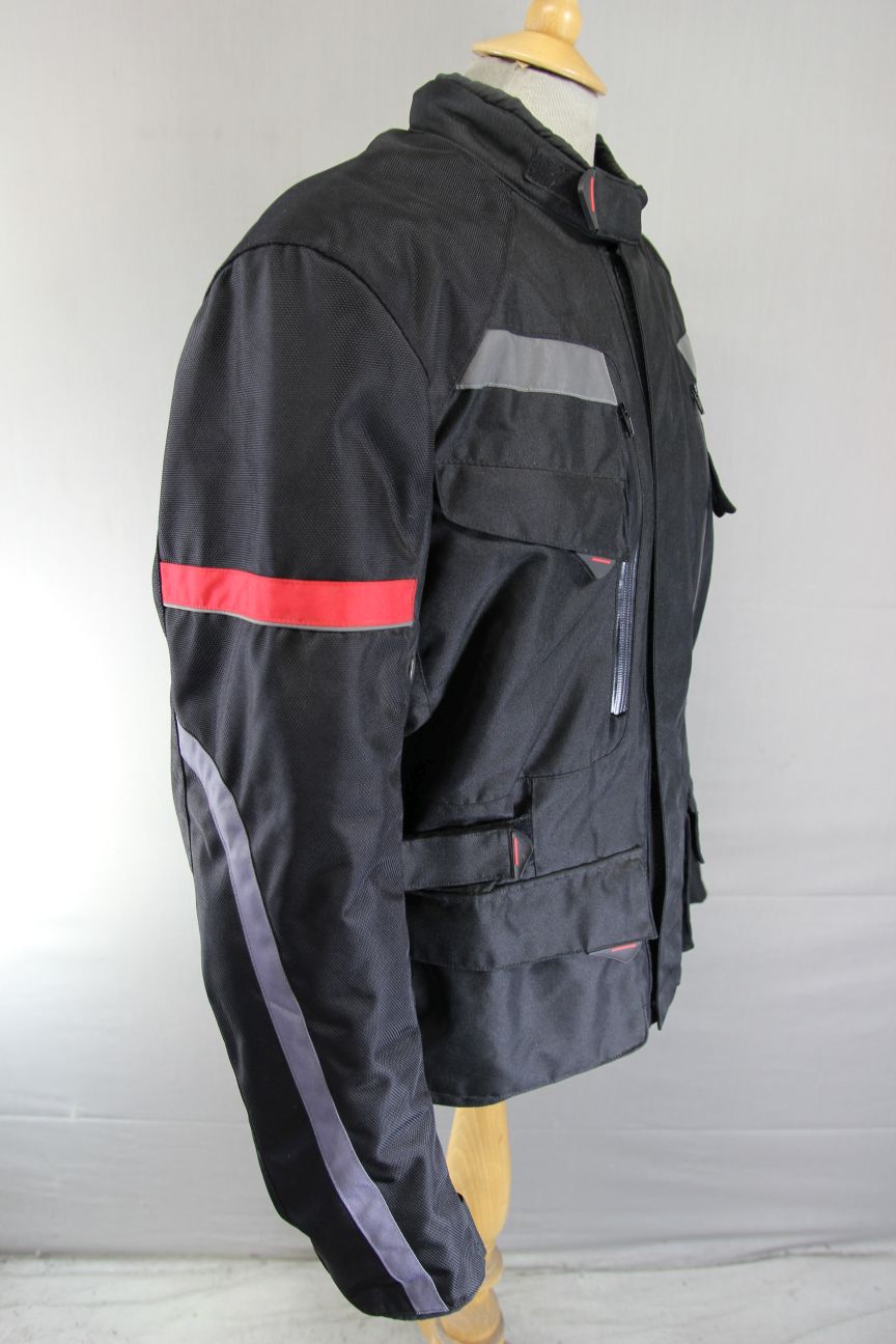 CRANE BLACK, RED & SILVER TEXTILE BIKER JACKET WITH CE ARMOUR 42-44 INCH (LARGE)