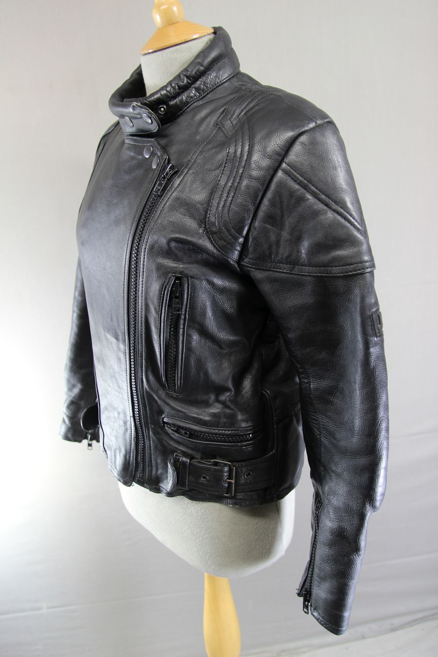 LADIES CLASSIC JTS BLACK LEATHER BIKER JACKET: SIZE 10/32-34 INCH/EXTRA SMALL