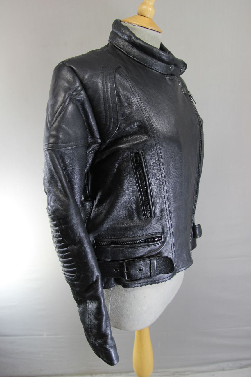 LADIES CLASSIC JTS BLACK LEATHER BIKER JACKET: SIZE 10/32-34 INCH/EXTRA SMALL