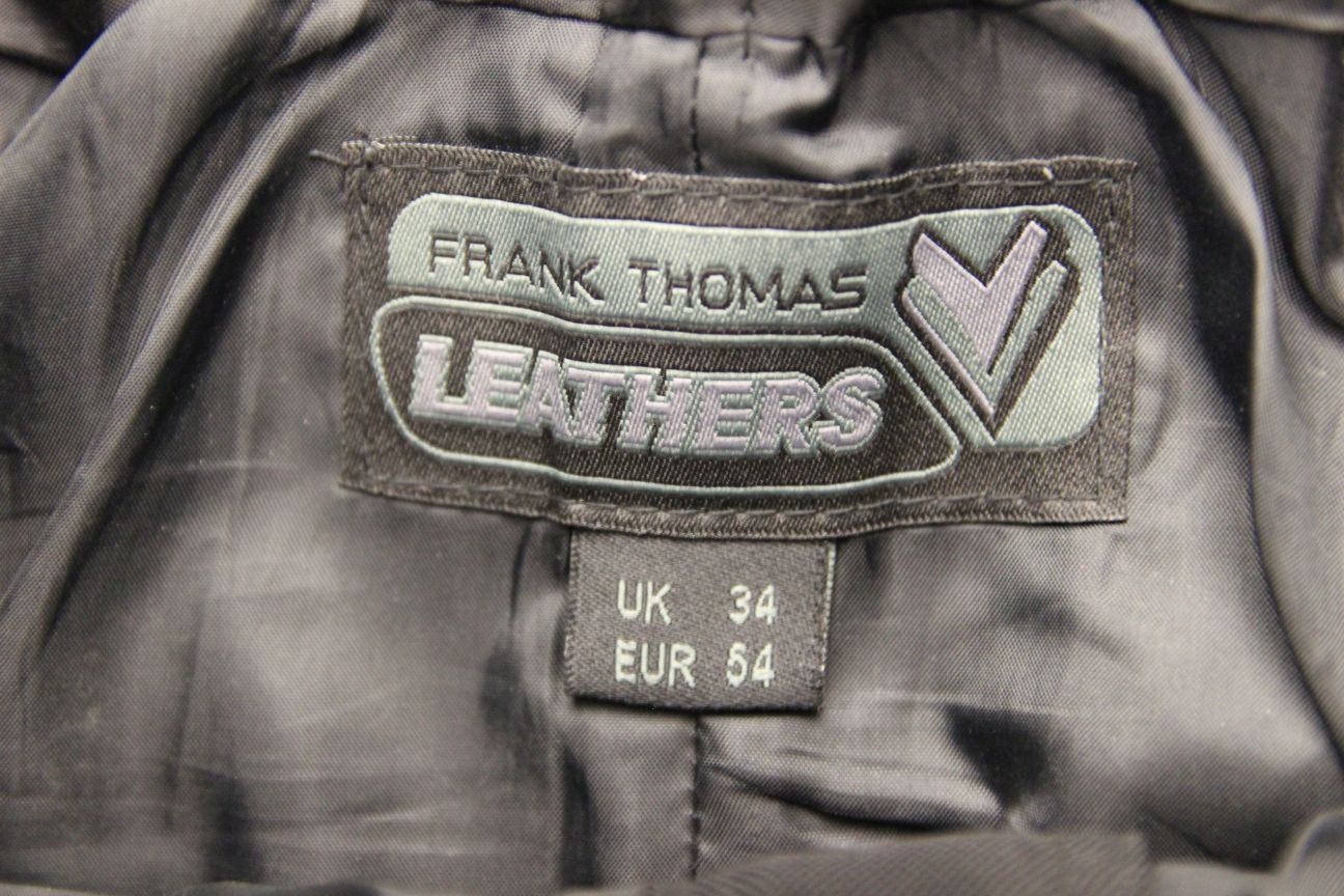 FRANK THOMAS BLACK LEATHER BIKER TROUSERS + CE KNEE ARMOUR: WAIST 34-36"/LEG 29"