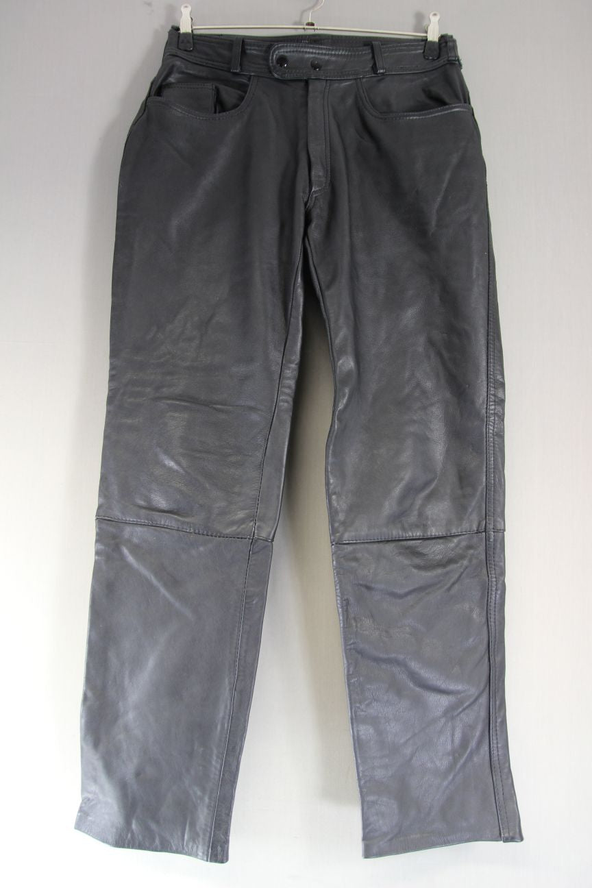 RHINO CLASSIC BLACK LEATHER BIKER JEANS: WAIST 32 INCHES/INSIDE LEG 34 INCHES