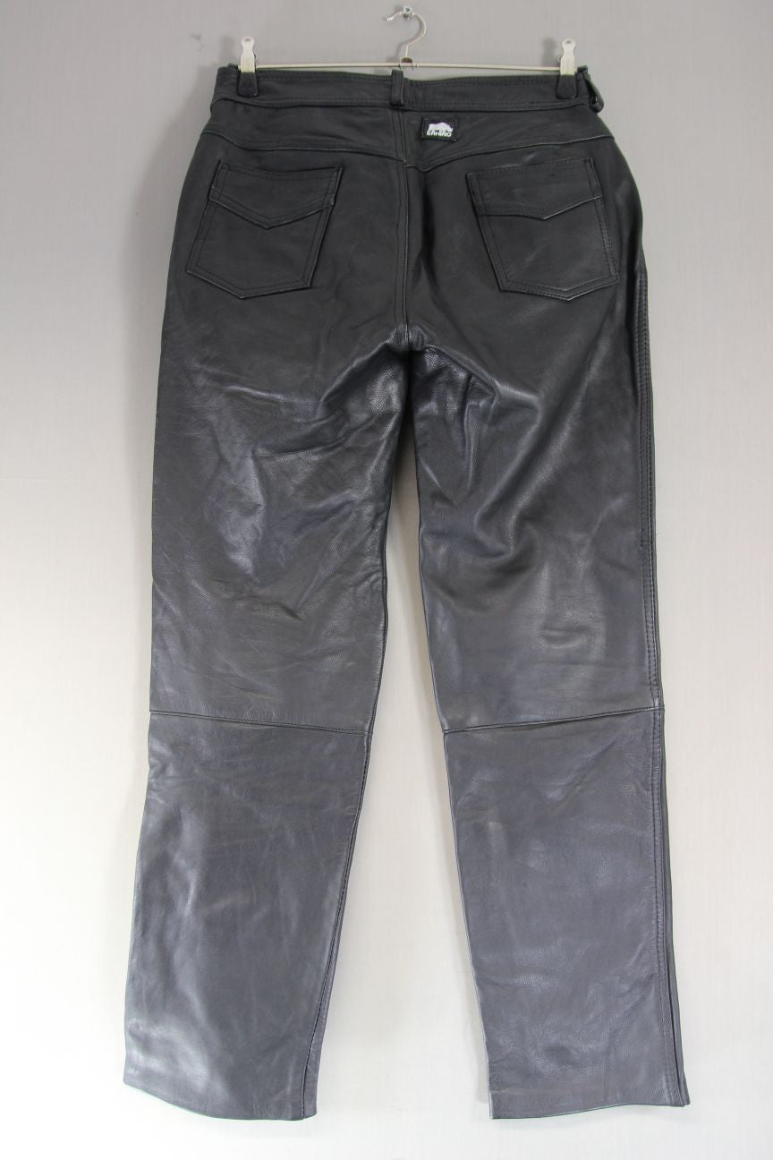 RHINO CLASSIC BLACK LEATHER BIKER JEANS: WAIST 32 INCHES/INSIDE LEG 34 INCHES