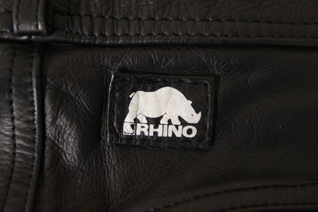 RHINO CLASSIC BLACK LEATHER BIKER JEANS: WAIST 32 INCHES/INSIDE LEG 34 INCHES