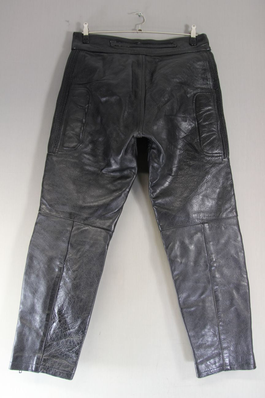 SKIN BLACK COWHIDE LEATHER BIKER TROUSERS: WAIST 34 INCH/INSIDE LEG 31 INCH