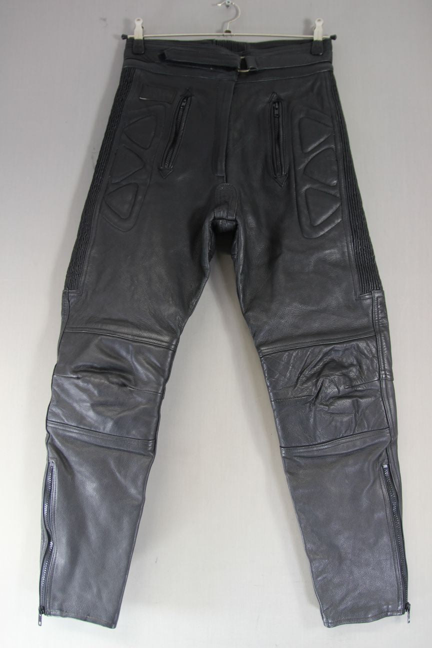 AKITO BLACK LEATHER BIKER TROUSERS SIZE 12: WAIST 30 INCHES/INSIDE LEG 28 INCHES