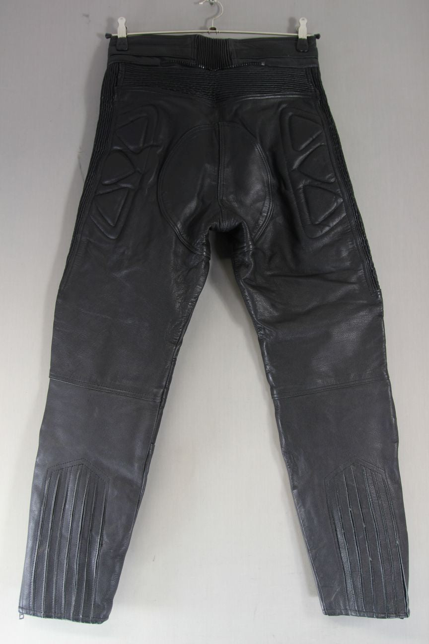 AKITO BLACK LEATHER BIKER TROUSERS SIZE 12: WAIST 30 INCHES/INSIDE LEG 28 INCHES