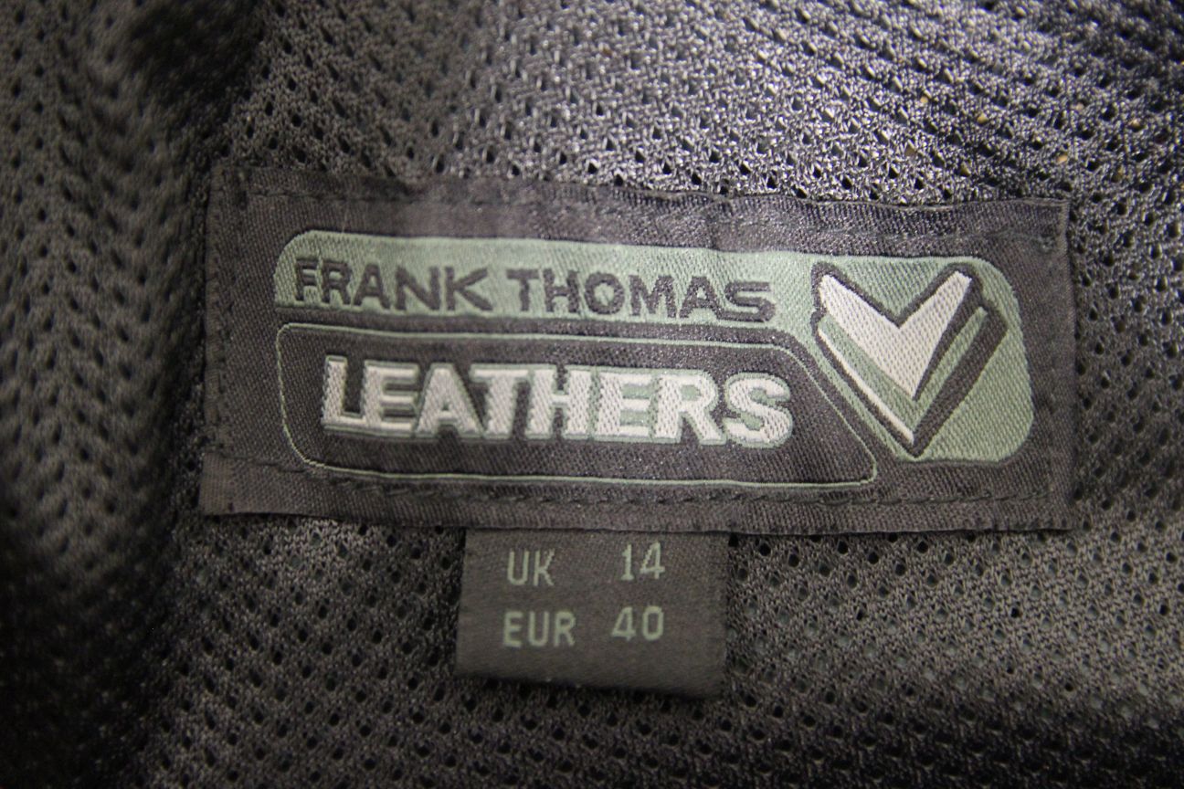 FRANK THOMAS BLACK LEATHER BIKER TROUSERS + CE ARMOUR SIZE 14: WAIST 30"/LEG 29"