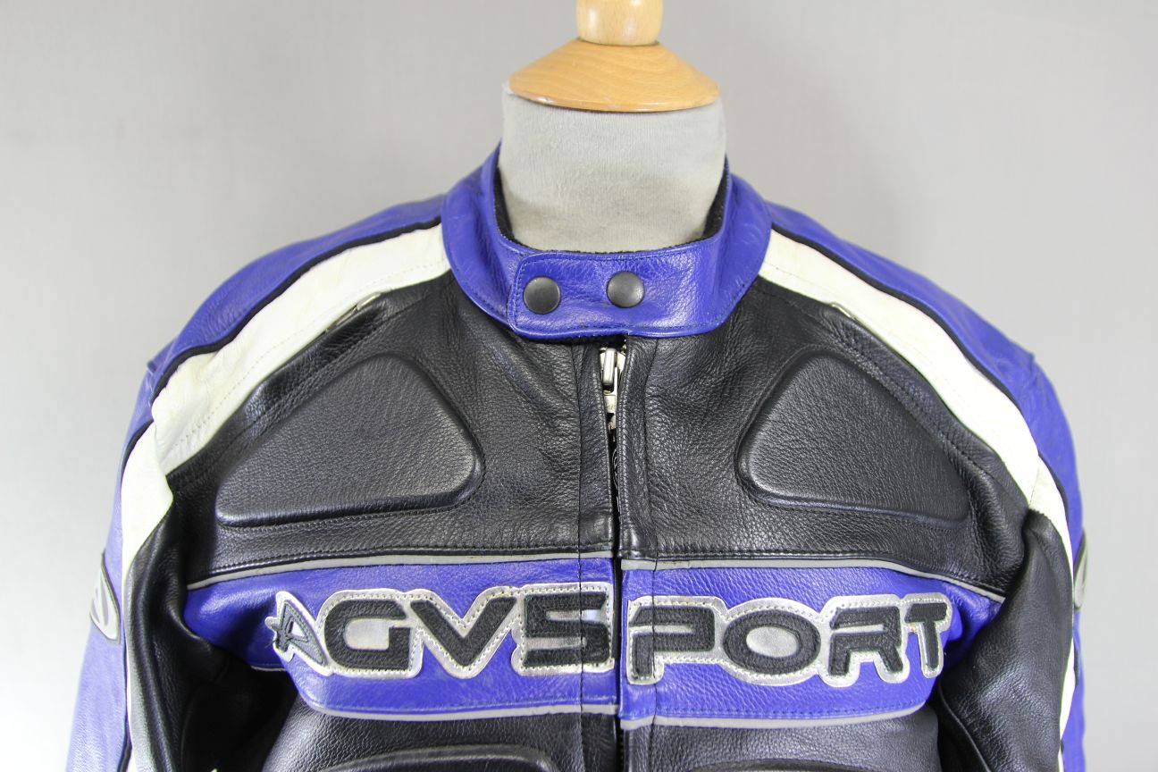 AGVSPORT BLACK, BLUE & WHITE LEATHER BIKER JACKET WITH THERMAL LINING 40 INCH