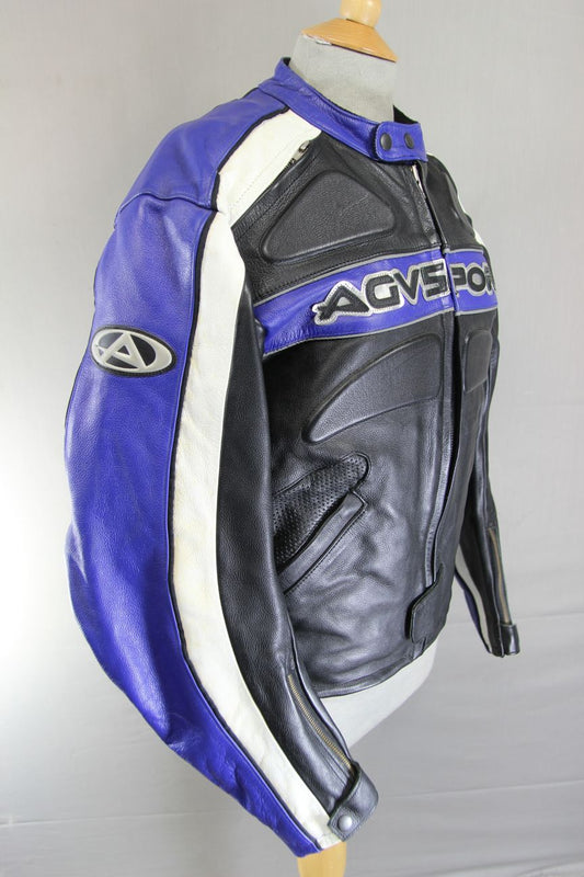 AGVSPORT BLACK, BLUE & WHITE LEATHER BIKER JACKET WITH THERMAL LINING 40 INCH