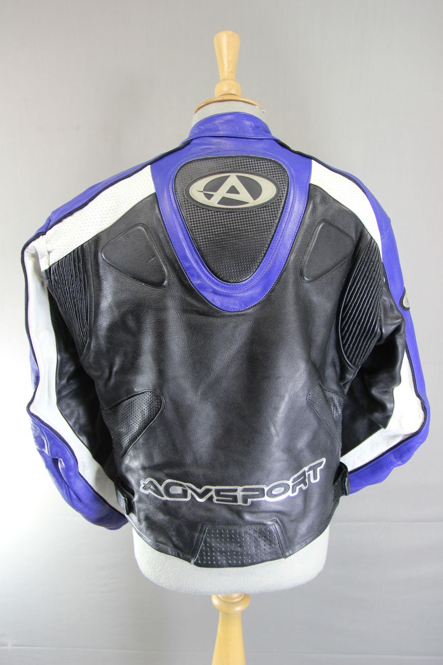 AGVSPORT BLACK, BLUE & WHITE LEATHER BIKER JACKET WITH THERMAL LINING 40 INCH