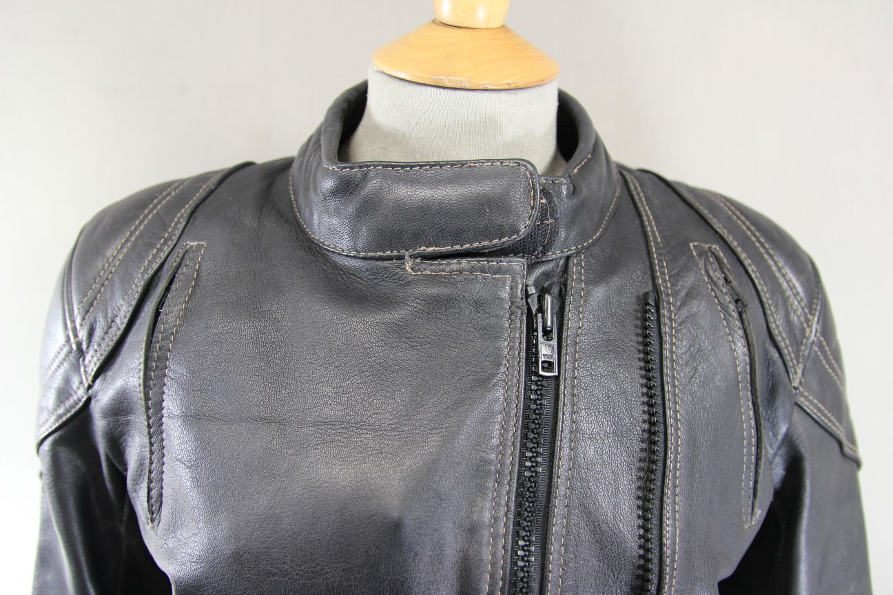 ASHMAN BLACK COWHIDE LEATHER BIKER JACKET + CE ARMOUR & THERMAL LINING: SIZE 12
