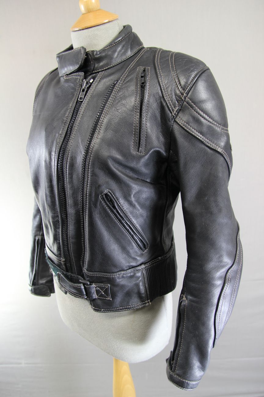 ASHMAN BLACK COWHIDE LEATHER BIKER JACKET + CE ARMOUR & THERMAL LINING: SIZE 12