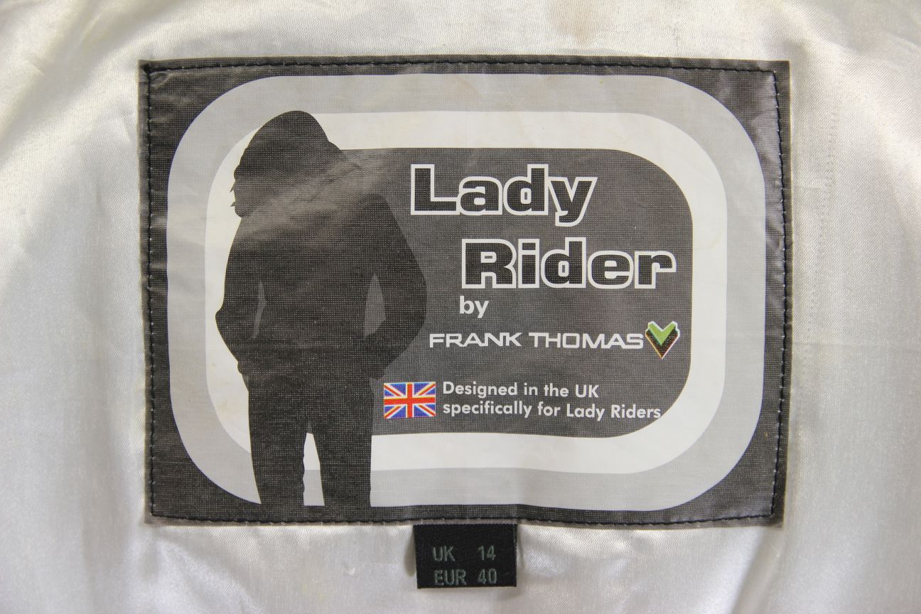 FRANK THOMAS LADY RIDER BLACK LEATHER BIKER JCKT + ARMOUR/THERMAL LINING SIZE 14