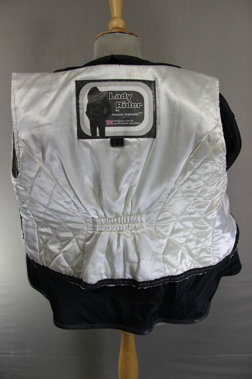FRANK THOMAS LADY RIDER BLACK LEATHER BIKER JCKT + ARMOUR/THERMAL LINING SIZE 14
