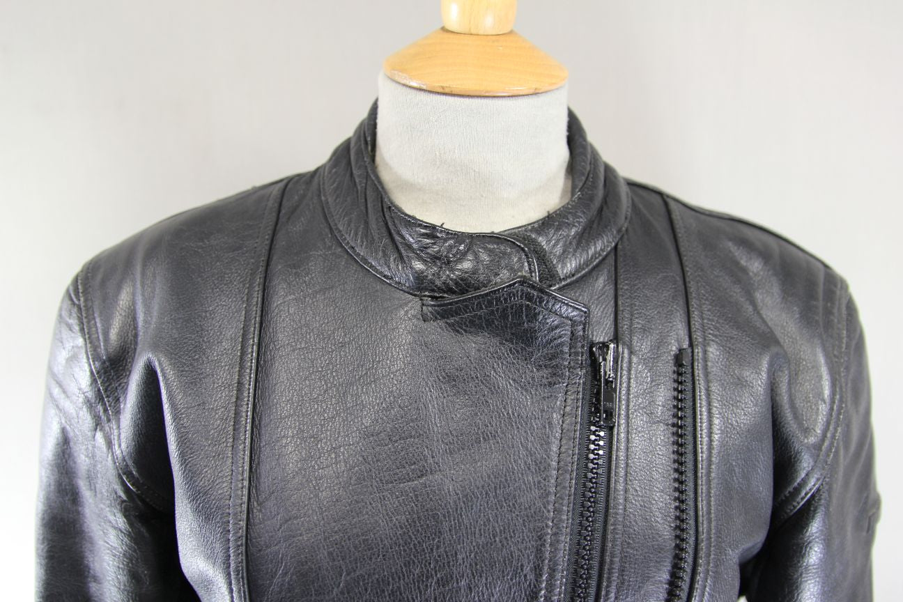 FRANK THOMAS CLASSIC BLACK LEATHER BIKER JACKET WITH BACK PROTECTOR: SIZE 14