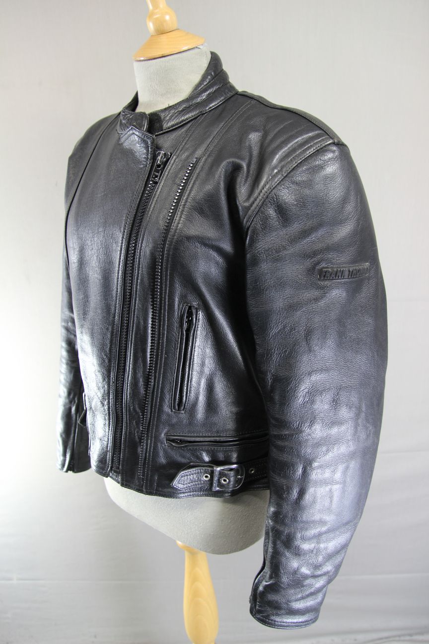 FRANK THOMAS CLASSIC BLACK LEATHER BIKER JACKET WITH BACK PROTECTOR: SIZE 14