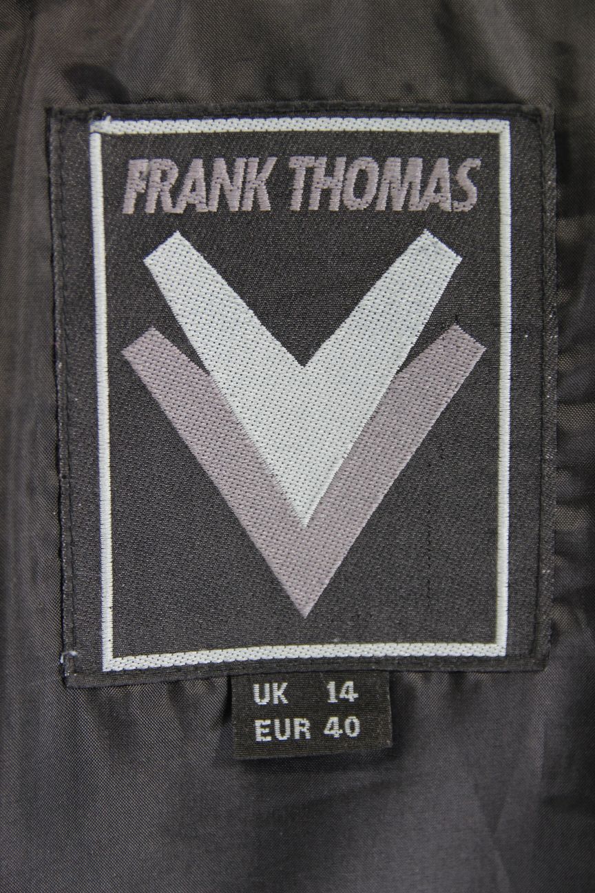 FRANK THOMAS CLASSIC BLACK LEATHER BIKER JACKET WITH BACK PROTECTOR: SIZE 14