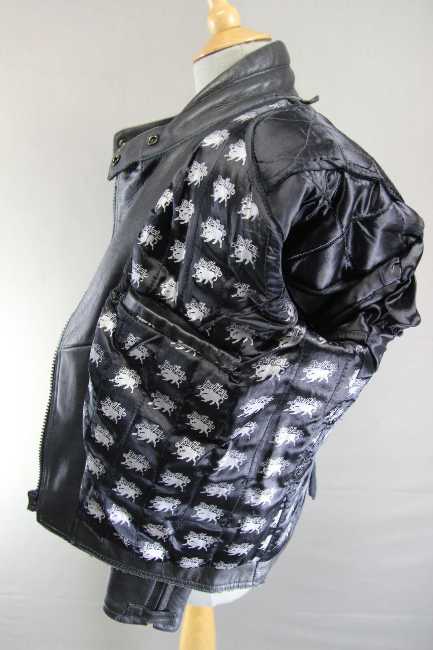 CLASSIC BUFFALO BLACK LEATHER BIKER JACKET 36-38 INCH CHEST/SIZE 14
