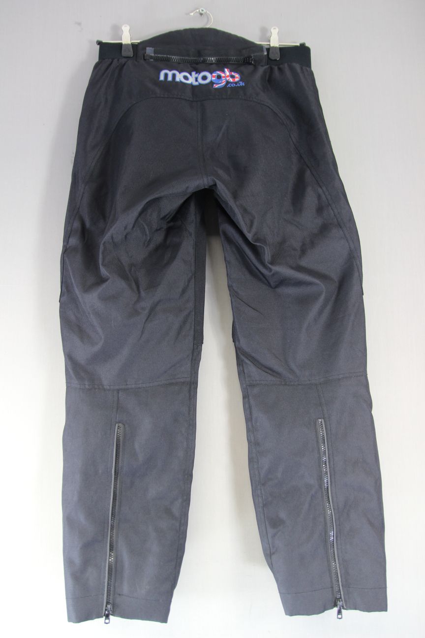 MOTO GB BLACK TEXTILE BIKER TROUSERS WITH CE ARMOUR: WAIST 32"/INSIDE LEG 30"/XS