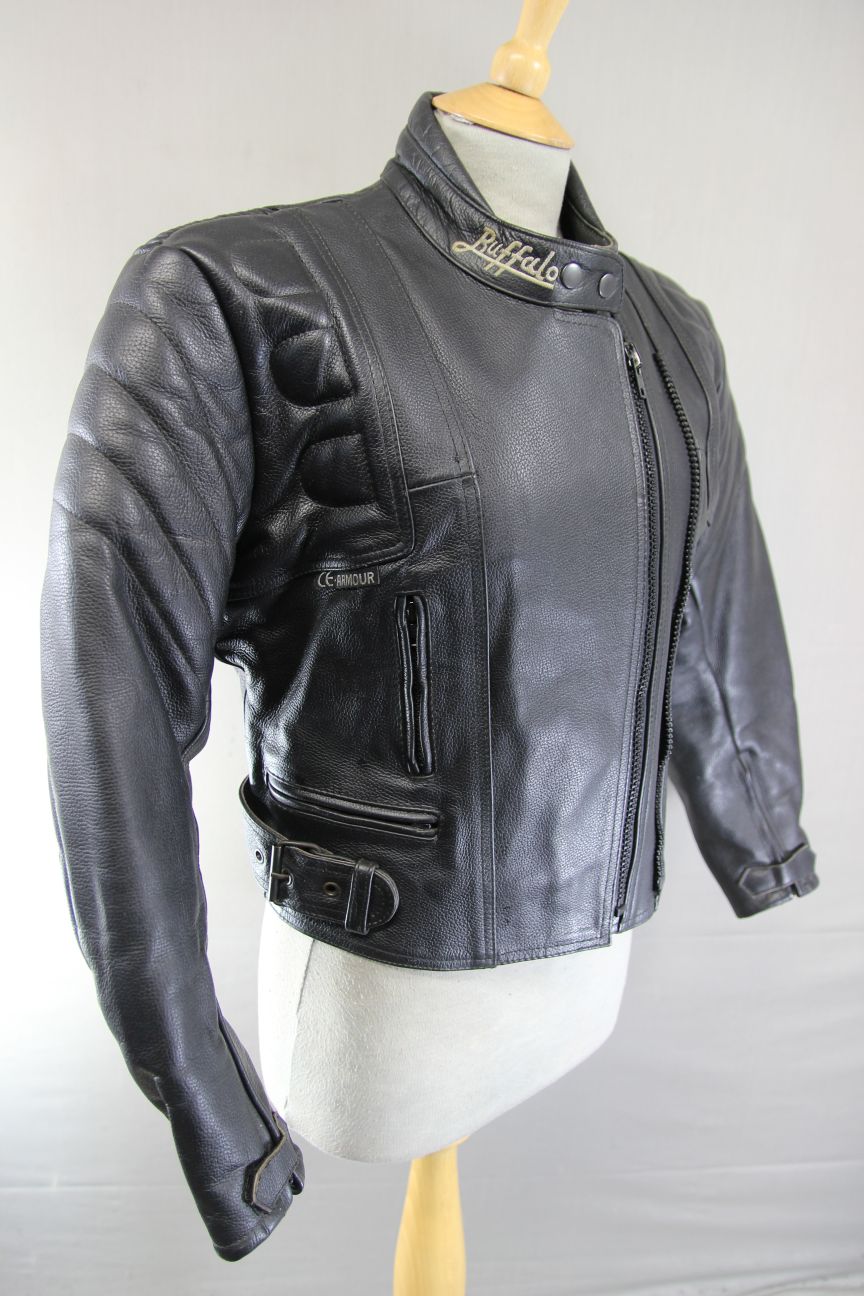 CLASSIC BUFFALO BLACK LEATHER BIKER JACKET 32-34 INCH CHEST/SIZE 10