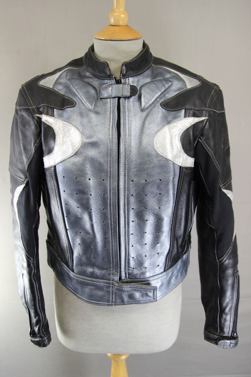 FRANK THOMAS SILVER & BLACK LEATHER BIKER JACKET WITH CE ARMOUR SIZE 12/34-36 IN