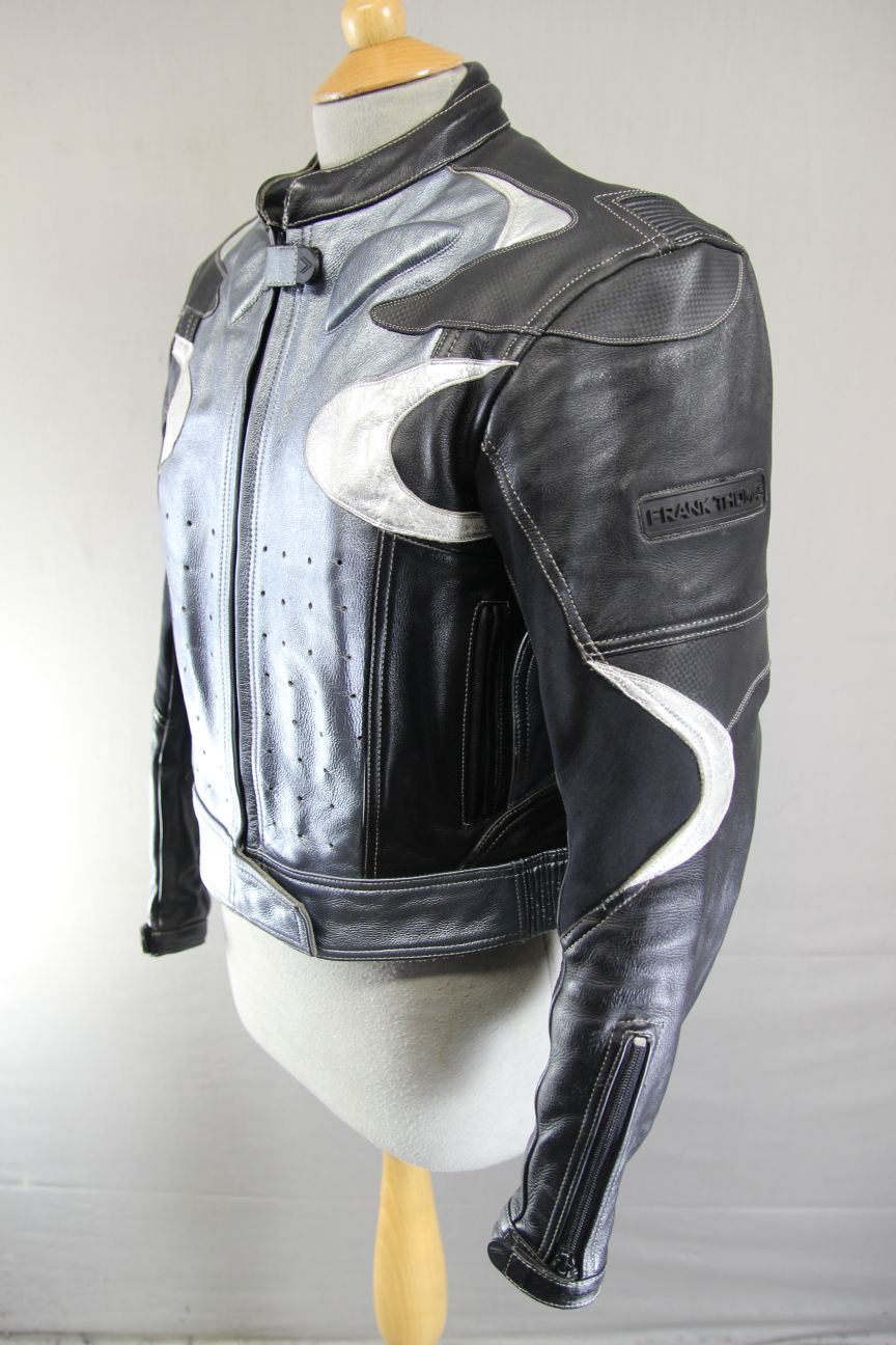 FRANK THOMAS SILVER & BLACK LEATHER BIKER JACKET WITH CE ARMOUR SIZE 12/34-36 IN