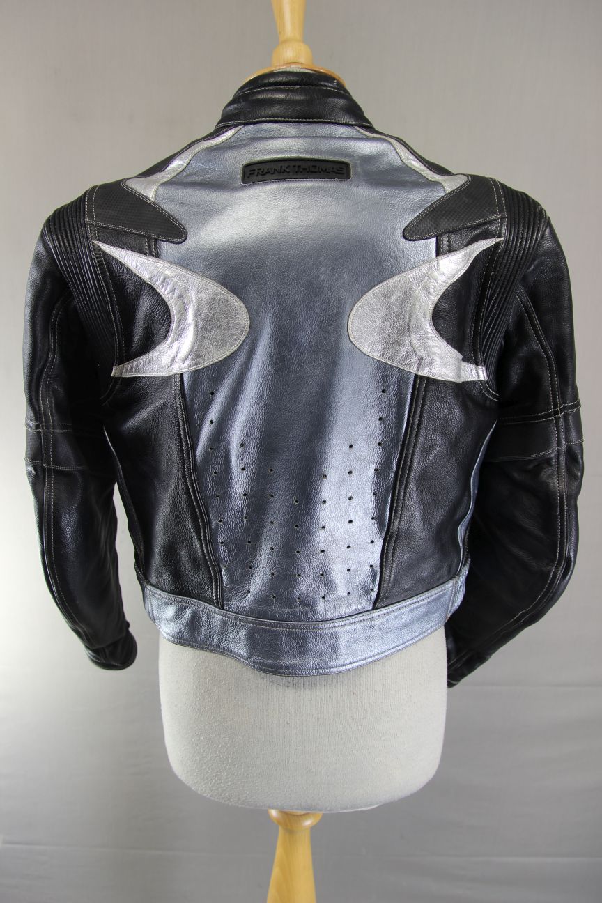 FRANK THOMAS SILVER & BLACK LEATHER BIKER JACKET WITH CE ARMOUR SIZE 12/34-36 IN